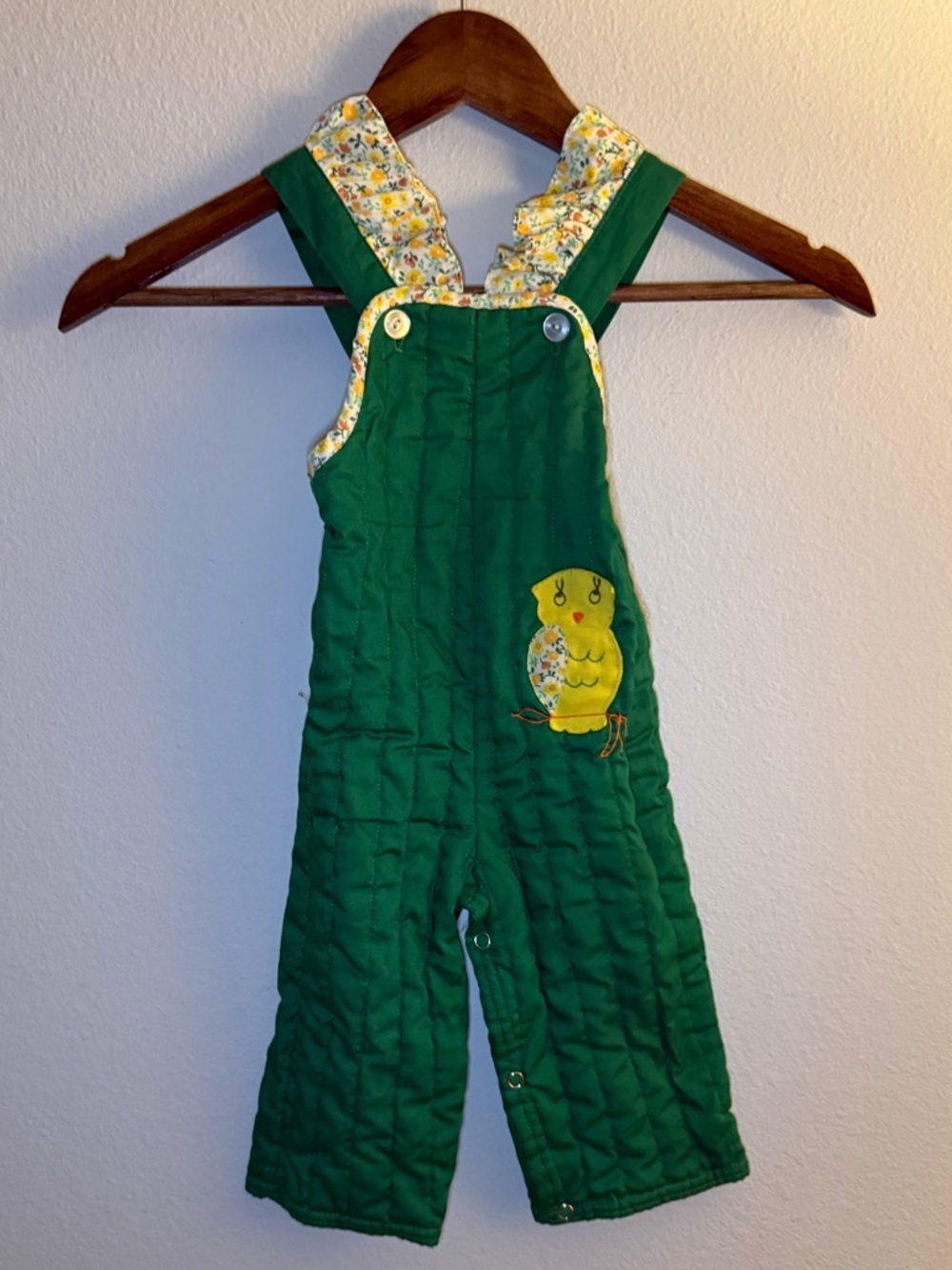 Sears Green Quilted Kids Overalls with Yellow Chick Applique